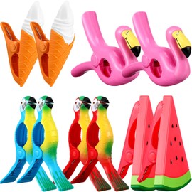 10 Pieces Beach Towel Clips Holders Portable Towel Clips for Chairs Bright Color Beach Chair Clips Plastic Cute Clothes Pins Jumbo Size Parrot Watermelon Flamingo Ice Cream for Patio Pool Accessories