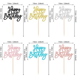 24 PCS Glitter Cupcake Toppers - Happy Birthday & Anniversary Picks - Multi 6 Colors