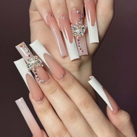 YoYoee Long Square Press on Nails Luxury French False Nails 3D Butterfly Nails Tips Full Cover Nude Fake Nails for Women and Girls 24PCS