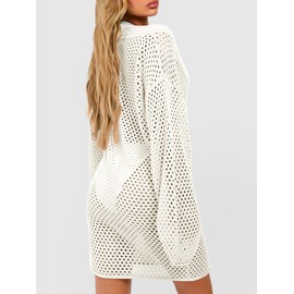 Saodimallsu Women Crochet Cover Up Long Sleeve Deep V Neck Hollow Out Sweater Oversized Beach Mini Dress Bathing Suit Coverup White