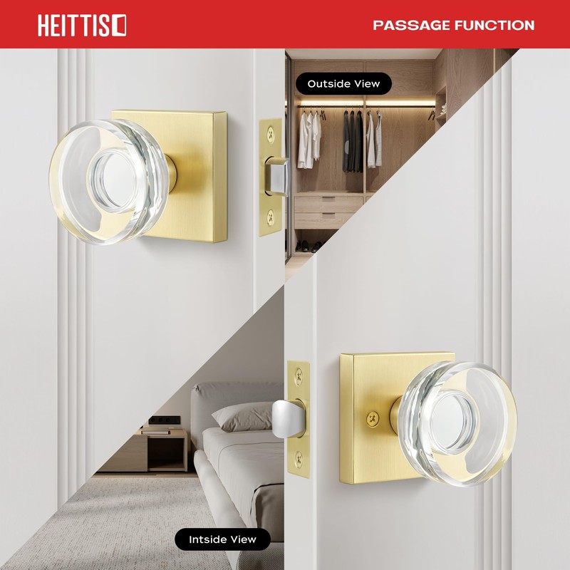 Heittis 2 Pack Gold Glass Door Knobs Interior,Round Interior Crystal