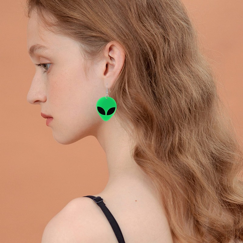 Just Follow Acrylic Punk Green Alien Face Dangle Earrings Big