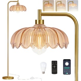 QIYIZM Brass Dimmable Floor Lamp Gold Glass,Tall Lamp Mid Century Modern Retro Standing Lamp with Remote Green Floor Light Lamp Boho Vintage Bohemian Bedroom