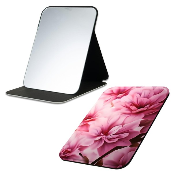 DIGTIALL Pink Flowers Folding Travel Mirror Vanity Mirror PU Leather