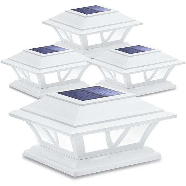 SIEDiNLAR Solar Post Lights Outdoor 2 Modes LED Fence Deck Cap Light for 4x4 5x5 6x6 Posts Garden Patio Decoration Warm White/Cool White Lighting White (4 Pack)