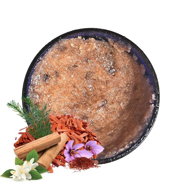 Face & Body Skin Scrub - Real EXQUISITE SANDALWOOD Herbal Cleansing Exfoliating - Dead Sea & Himalayan Pink Salts, Saffron, Amber, Jasmine - Botanical Extracts and Essential Oils - All Natural - 2oz