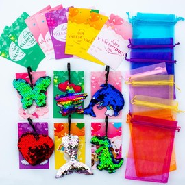 24 PC Valentine Keychain, Class Valentines, Classroom Valentines, Valentines Kids Class, Sequin Valentines Cards & Gift Bags, Valentines for Class - Style 1: set 3