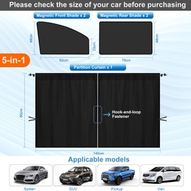 Car Window Sun Shade, Set of 5 Magnetic Car Window Shade for Baby, Light Blocking Car Privacy Window Covers, 1Privacy Divider Car Curtains & 4 Side Window Sun Shade for Sedan Truck SUV Car Camping