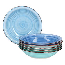 MamboCat Blue 6 x Soup Plates Blue I Robust Blue Stoneware Crockery for 6 People I Set of 6 Deep Plates with Modern Swirl Decor in Great Blue Tones I Blue Plates Deep 6 Pieces