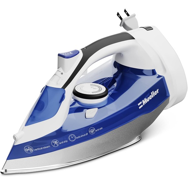 Mueller Professional Grade Steam Iron, Retractable 8 Ft Cord for Easy Storage, Vertical Shot, 3 Way Auto Shut Off, Self Clean Blue