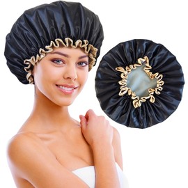 choshion Shower Cap Reusable Waterproof, Large Shower Cap for Women, Shower Caps for Braids Long Hair, Double Layer Satin Plastic Hair Cap for Shower