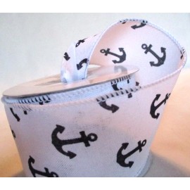 Offray 10 Yd Roll Navy Blue Anchor on White 2 1/2 in wired ribbon Offray Nautical Ocean