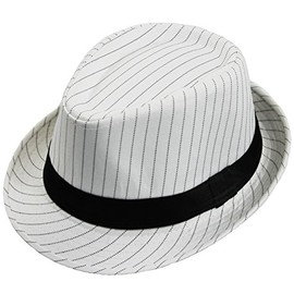 I LOVE FANCY DRESS LTD DELUXE PINSTRIPE TRILBY HAT WHITE WITH BLACK STRIPE & BLACK BAND GANGSTER STYLE SIZE 58 CM