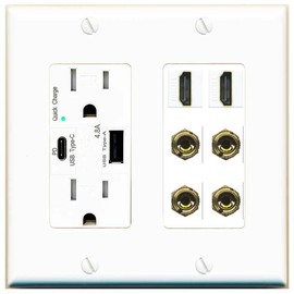 RiteAV 2 Speaker 4 Banana Binding Post Wall Plate with 2 HDMI Jacks - USB A+C Outlet [White]