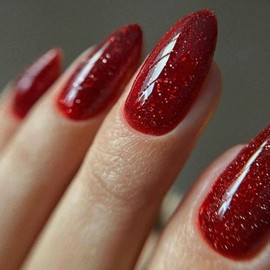 GLAMERMAID Red Glitter Press on Nails Medium Almond, Burgundy Handmade Soft Gel Oval Fake Nails Short, Glossy Galaxy Glue on Nails for Women, Shrimmer Bright Red False Nail Kit Stiletto Stick on Nails