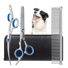Mumoo Bear Dog Grooming Scissors with Safety Round Tips, Heavy Duty Titanium Pet Grooming Trimmer Kit, Professional Thinning Shears, Curved Scissors with Comb for Dogs and Cats (Set of 3)