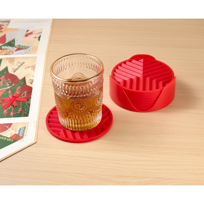 8-Pack Red Silicone Coasters with Holder, Non-Slip Rubber Coasters for