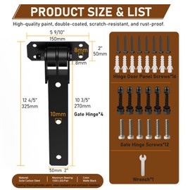 Heavy Duty Gate Hinges, 1000 Lbs Capacity with Built-in Ball Bearings, 13” Bolt-On/Weld-On Design, Gate Hinges with 180° One-Way Open for Wooden/Metal Gates,Garden Gates, Fence, Sheds (4PCS)