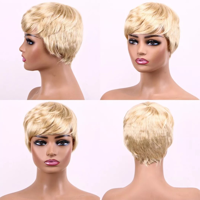 BM Peluca Corta De Cabello Humano Natural, Peluca Rubia Con