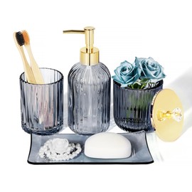 Designer Blue Glass Bathroom Accessories Sets - 4 Pcs with Lotion Soap Dispenser, Bathroom Toothbrush Holder, Vanity Tray, and Apothecary Jar, Vintage Bathroom Decor, Gift Countertop Organizer