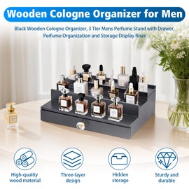 Jenmayt Black Wooden Cologne Organizer,3 Tier Mens Perfume Stand with Drawer,Perfume Organization and Storage Display Riser,Fragrance Organizer Display Stand Rack for Men
