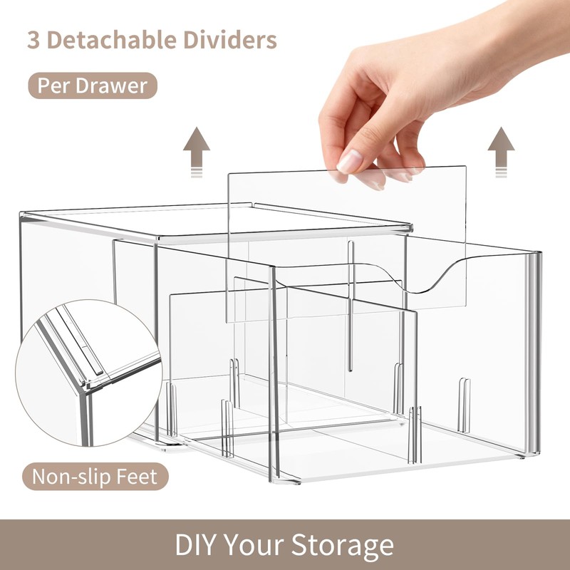 2 Pack Clear Tea Bag Organizers with Adjustable Dividers, Stackable