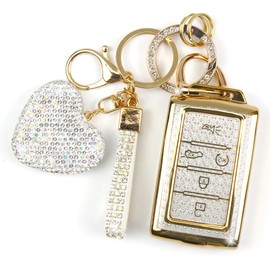 YIKECASE Key Fob Cover with Diamond Keychain Compatible with Jeep Car Key Holder Compatible with Grand Cherokee L Grand Wagoneer L Wagoneer Grand Cherokee L 2021-2023, 5 Buttons (White-Heart)