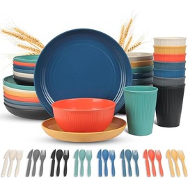 40-Piece Wheat Straw Dinnerware Set, Service for 4, Unbreakable Plates Bowls Cups Utensils with Fruit Forks, Dishwasher & Microwave Safe, Apartment Essentials & Outdoor Camping
