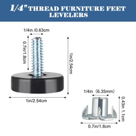 ROLYTA 1/4" Thread Furniture Feet Levelers,12 Pcs Adjustable Furniture Levelers Screw in Threaded,Black Replacement Feet Glides Leveling for Table Chair Cabinets Furniture Legs