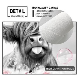 Highland Cow Bathroom Wall Art Black and White Animals Highland Cow Wall Decor Farmhouse Cow in Bathtub Bathing Canvas Prints Framed Artwork Pink Bubbles Bathroom Decor Wall Art for Restroom 12"x16"
