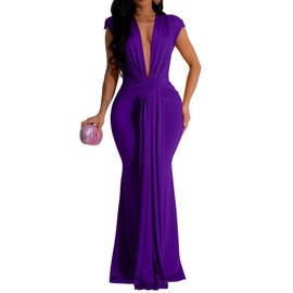 Memoriesea Women's Elegant Sleeveless Deep V Neck Bodycon Party Evening Gown Maxi Dress Purple