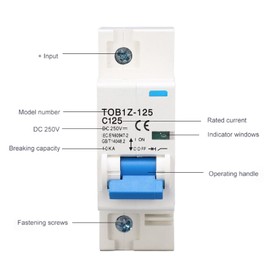 DC Circuit Breaker 1P 125A 250V DIN Rail Mounted Arc Extinguishing Solar Isolator Switch for Solar PV System TOB1Z 125 C125