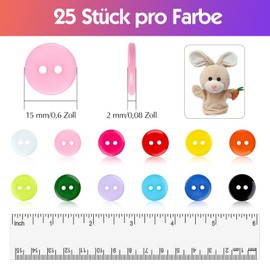 Pack of 300 Colourful Buttons 15 mm 2-Hole Resin Buttons Round Buttons with Storage Box for Sewing Children DIY Crafts Scrapbooking and Decorating, 12 Colours