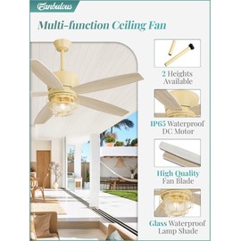 52" Outdoor Ceiling Fans with Lights and Remote Control,IP65 Wet Rated Waterproof Ceiling Fan with 6-Speed DC Motor, Farmhouse Gazebo Fan for Porch Patios Pavilion（White）