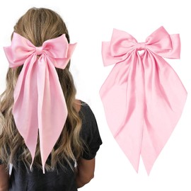 Hair Bows for Women Girls,Pink Silky Satin Hair Barrettes with Long Ribbon Tail Big French Cute Hair Bows Clip Hair Accessories for Party Women Girl