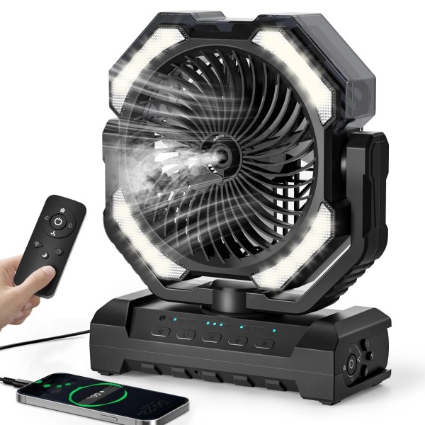 20000mAh Portable Misting Fan, USB Rechargeable Camping Fan with LED
