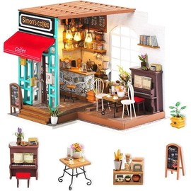 DIY Miniature Doll House Kit with Furniture for Children Adult Wooden Kits Toy (Emily's Flower Shop) - Color: Simon's Coffee