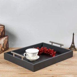Juleduo Serving Tray 16.5“X 13“Deluxe Wooden Ottoman Tray for Coffee Table with Polished Silver Metal Handles and 4 Coasters, Living Room Bathroom Coffee Bar Organizer Modern Decorative Black Tray
