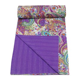 Marubhumi Indian Handmade Paisley Print Cotton Kantha Quilt (Purple, Queen (90"x 108"))