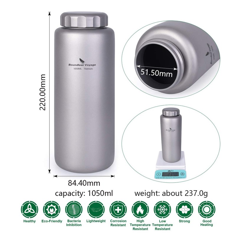 iBasingo Titanium Water Bottle 1050ml Outdoor Camping Cookware Sport Drinking
