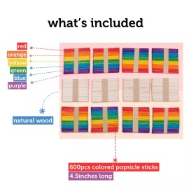 Incraftables Colored Popsicle Sticks for Crafts 600pcs (7 Colors)