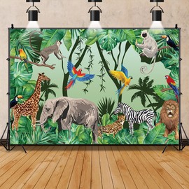 7x5ft Tropical Jungle Safari Animals Backdrop Tropical Forest Jungle Animal Photography Background Boy Birthday Baby Shower Birthday Party Banner Decoration Supplies Newborn Photo Booth Props