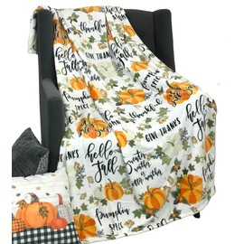 Fall Throw Blanket: Colorful Autumn Harvest Time Saying and Pumpkin Print on Soft White Velvet Fleece for Sofa Bed Couch Chair or Dorm