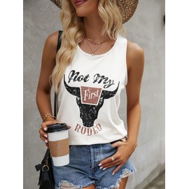 Women's Not My First Rodeo Shirt Casual Scoop Neck Country Concert Sleeveless Tops Western Cowgirl Graphic Tank Tops (White,L)