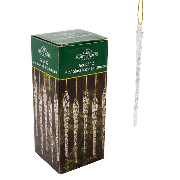 Kurt Adler 5-1/4-Inch Glass Icicle Ornament 12-Piece Box Set, Clear, 1 Pack