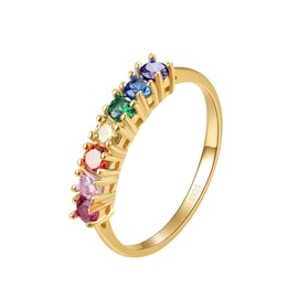 Women’s 925 Sterling Silver Eternity Ring with Colourful Round Rainbow AAA Cubic Zirconia Birthstones and 14K Gold-Plated, for Anniversaries, Sterling Silver 925, Gold