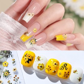 5D Embossed Flower and Bee Nail Art Stickers 2 Sheets Self Adhesive Nail Decals Stickers para uñas Nail Accessories Floral Stickers for Nail Art Design Nail Decoration Supplies