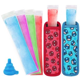Freezer Pop Bags Set Including 50 Disposable Ice Popsicles Molds 2 Popsicle Holders for Kids, Popsicle Bags With Zip Seals for Healthy Snacks, Yogurt Tubes, Juice Fruit Smoothies Popsicle Mold
