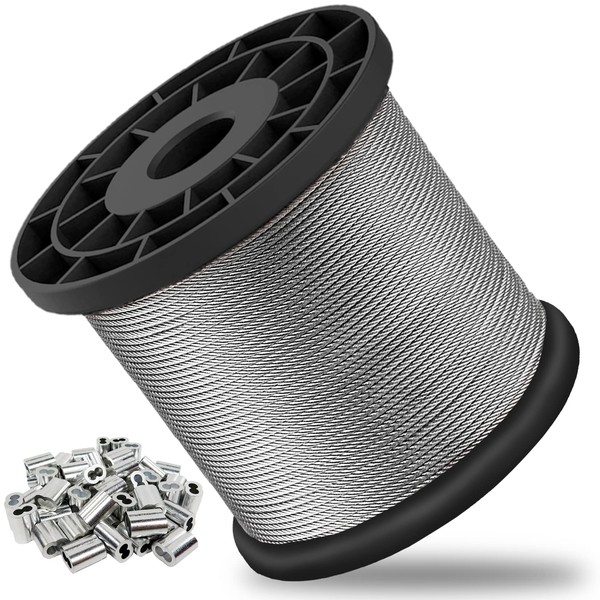 Wire Rope, 1/16 Wire Rope, 304 Stainless Steel Cable, Aircraft Cable, Steel Wire, 1000FT with 300Pcs Crimping Sleeves, Clothes Line Wires, Trellis Wire, 7x7 368lbs Breaking Strength