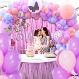 KatchOn, Laser Pink Backdrop Curtain - XtraLarge, 6.4x8 Feet, Pack of 2 | Laser Shine Pink Streamers for Pink Party Decorations | Pink Fringe Backdrop for Pink Birthday Decorations, Pink Decorations